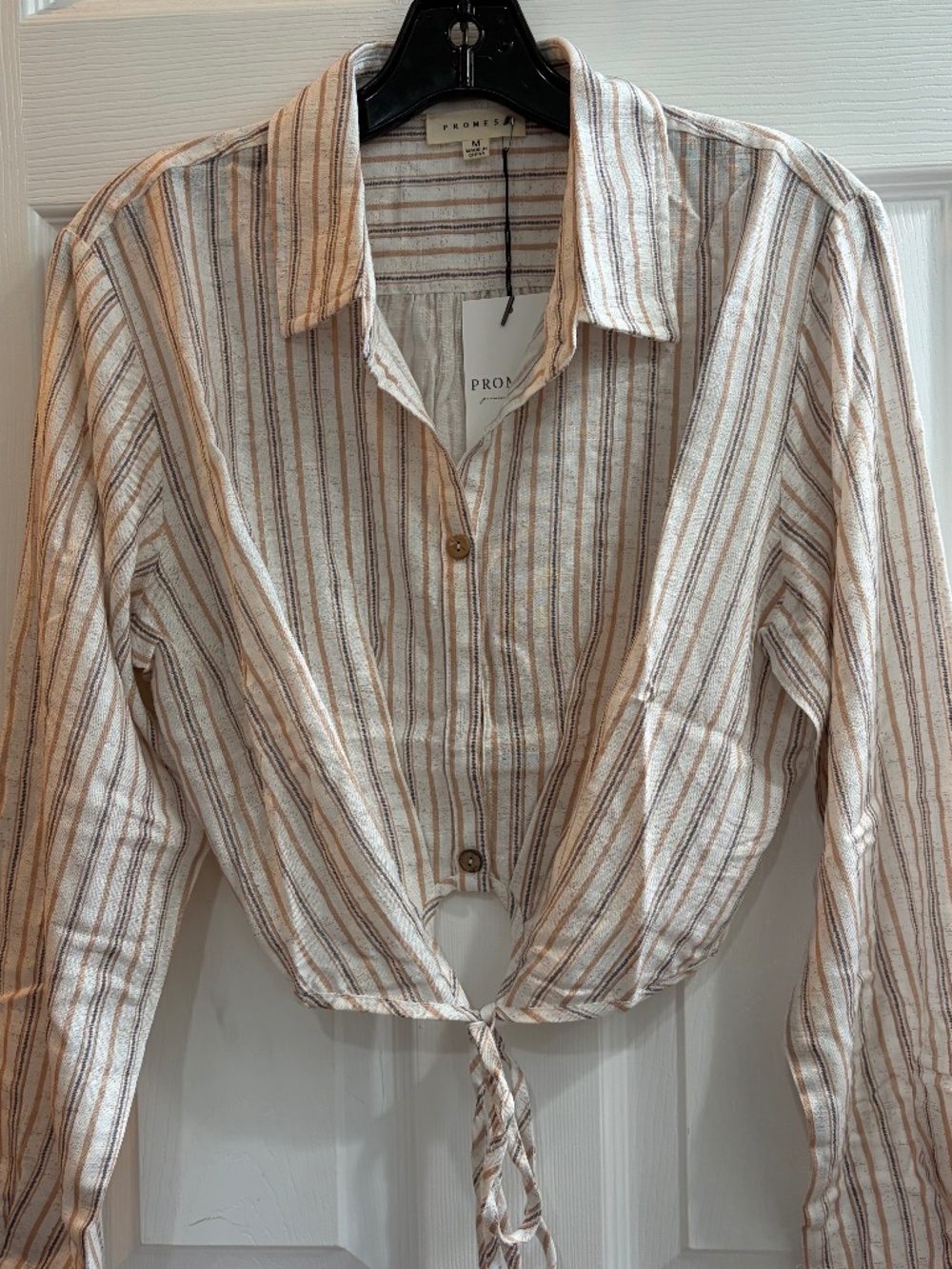 New Promesa Crop Top Long Sleeve Shirt Tie Front Boho Button Collar Medium - Picture 2 of 7